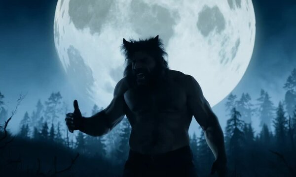 A large, scary wolf is standing in front of a large, dark moon. Scene is eerie and ominous 4K Video