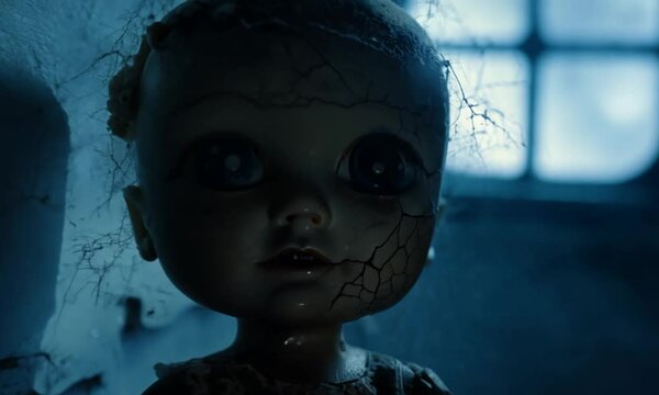 A doll with a creepy face is sitting in front of a window. Scene is eerie and unsettling 4K Video