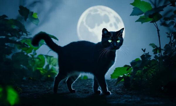 A black cat is walking in the woods at night. The moon is in the background, casting a shadow on the ground. The cat's green eyes seem to glow in the darkness, creating a mysterious 4K Video