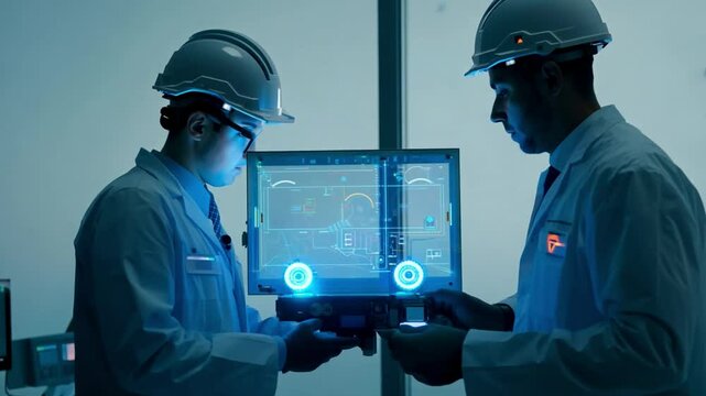 Engineers gathering as a team to examine controlled steel robots - Powered by Adobe