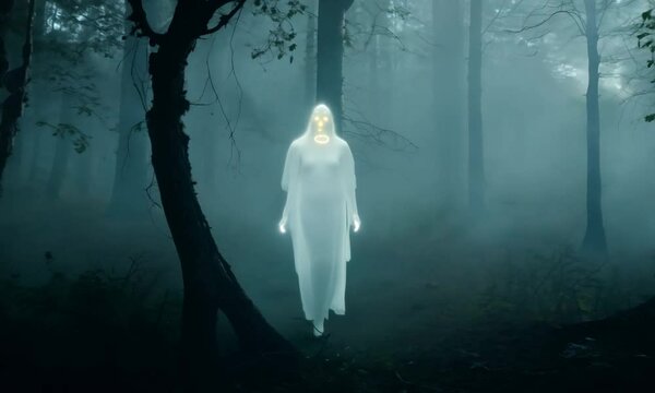 Halloween ghostly figure floating through a dark forest, with glowing eyes and a haunting presenc 4K Video
