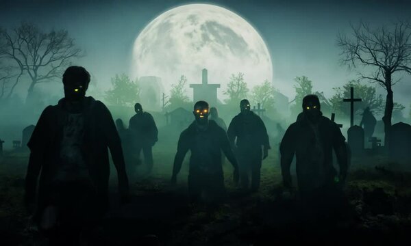 A group of zombies walk through a foggy graveyard. Scene is eerie and unsettling 4K Video