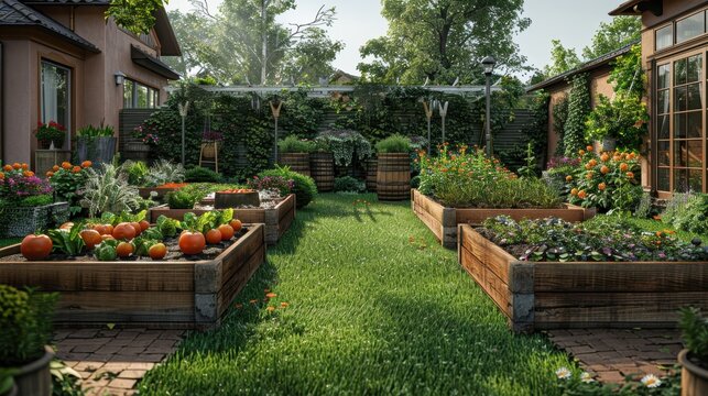 A grass lawn with a charming vegetable garden and rustic wooden raised beds.