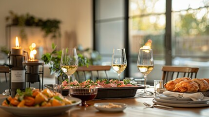 A Festive Table Setting With Wine Glasses and Delicious Food