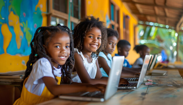 Several children are seated at a table with laptops in front of them in a classroom in cartagena