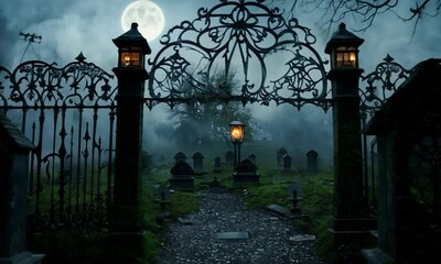 A cemetery with a large moon in the sky 4K Video - Powered by Adobe