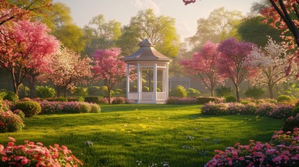 Obraz premium A serene grass lawn with a picturesque gazebo surrounded by blooming flowers.