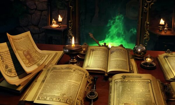 Witch's Halloween lair filled with potion bottles, spell books, and magical artifacts. 4K Video
