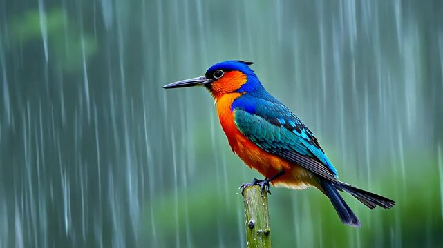 Vibrant Kingfisher on Perch in Rain