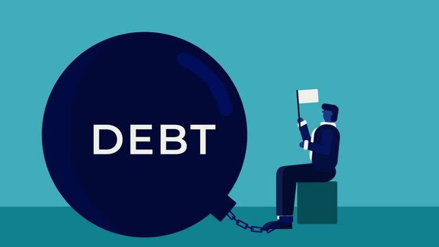 2D animated video of a businessman's feet tied in chains tied to a debt burden, depicting difficulties in paying debts