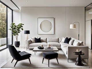 Fototapeta premium Bright modern living room with large windows