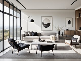 Fototapeta premium Bright modern living room with large windows