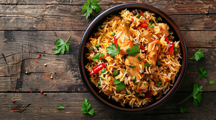 Bowl of chicken biryani on a wooden background from above