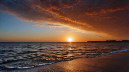 Obraz premium Amazing Golden Hour Sunset Over Calm Sea Red Sky
