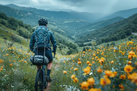 Back View of Man in Clarin Blue Marine Cycling Gear with Helmet Standing Next to Bike in Green Field, Eating Lunch and Enjoying the Landscape, Wide Angle Lens, Natural Lighting

