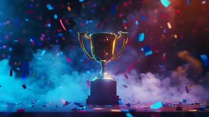 A golden trophy stands on a podium surrounded by confetti and blue and purple smoke in a dark background. It is a symbol of victory and success.