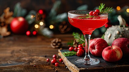 Festive Red Cocktail with Christmas Decorations