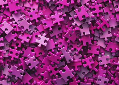 Magenta-colored puzzle pieces chaos background with a seamless loop, abstract representation of a problem, emphasizing disorganization and complexity, photographed from directly above.