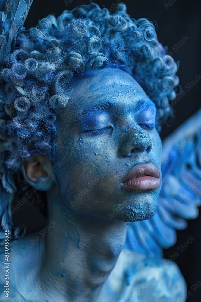 Poster A close-up shot of a person with blue face paint, ideal for use in creative projects or as a design element