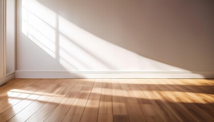 A clean white wall with a soft texture, illuminated by natural morning with wooden floor.