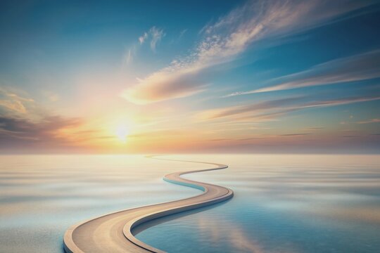 Serene minimalist winding path stretches towards a calming horizon, symbolizing the journey to balance, peace, and stability, amidst soft pastel hues and vast copy space.