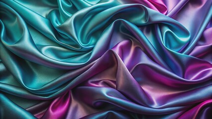 Fototapeta premium Vibrant teal and purple hues merge on a lustrous satin fabric background, featuring wavy folds and a gradient effect, evoking luxury and sophistication.