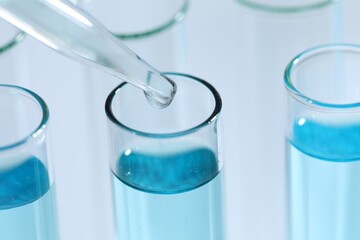 Dripping liquid from pipette into test tube on light background, closeup