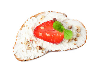 Delicious bruschetta with fresh ricotta (cream cheese), walnuts, strawberry and mint isolated on white, top view