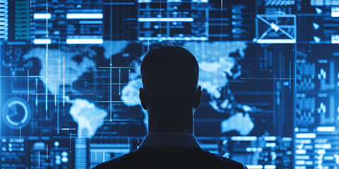Global Data Analysis: Silhouette Viewing Digital World Map, Business Intelligence: Man Analyzing Global Data Trends