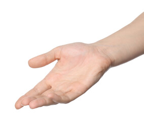 Woman showing hand on white background, closeup