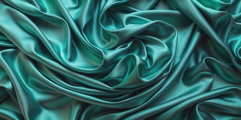 Obraz premium Beautiful green blue silk satin background Wavy folds on shiny fabric Luxury dark teal background with space for design Web banner Flat lay table top view Birthday Christmas ValentineG : Generative AI