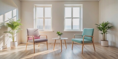 Fototapeta premium Two empty chairs sit in a modern, calming psychotherapy room with pastel hues, sleek interior, and ample blank space, evoking a sense of professional, serene comfort.