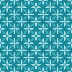 Fototapeta premium Seamless pattern with simple four petal leaf shapes on turquoise background. Suitable for various design purposes of textiles, tiles, wallpapers, backgrounds, etc.