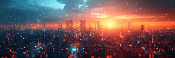 Fototapeta premium Futuristic Cityscape with Sunset and Digital Overlay