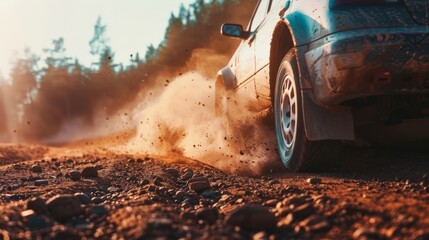 Rally car kicking up dust on a rugged dirt track in the countryside