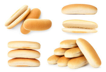 Fresh hot dog buns on white background, set
