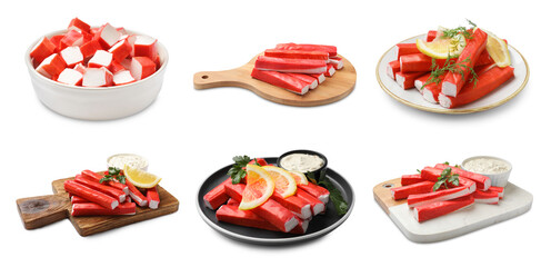 Tasty crab sticks isolated on white, set © New Africa