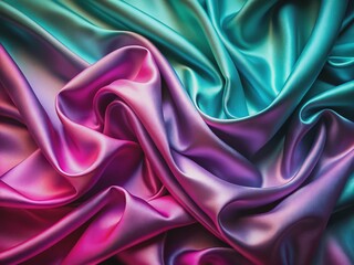 Fototapeta premium Luxurious pink tuquoise silk satin fabric with gradient effect and wavy folds, showcasing a shiny surface, against a stunning purple teal background with design space.