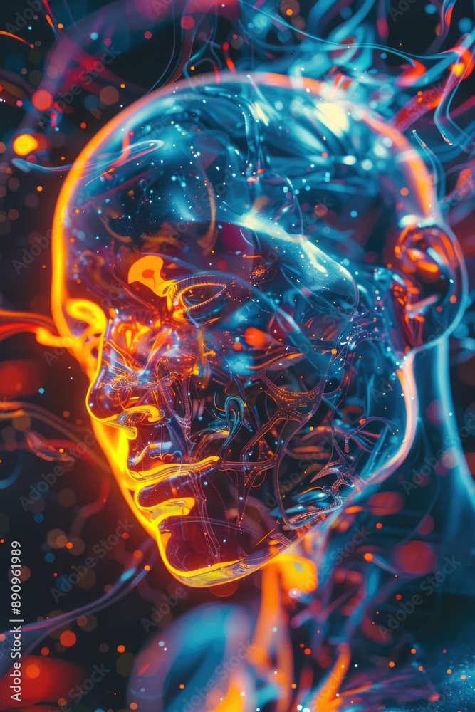 Poster a close-up view of a glowing human head with an ethereal light surrounding it