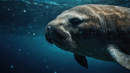 Obraz premium close-up of an Dugong, cinematic, deep sea background