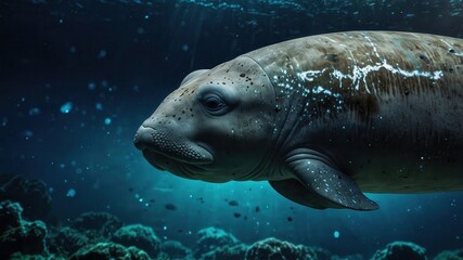 Fototapeta premium close-up of an Dugong, cinematic, deep sea background