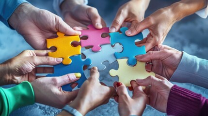 Business hands, puzzle and group of people for solution, teamwork and goals, integration and success. Team building, synergy and collaboration