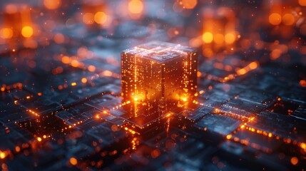 A glowing digital abstract background with a central illuminated cube, symbolizing advanced data processing and futuristic technology.