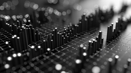 Abstract black and white 3D rendering of data visualization, depicting bar graphs and digital elements on a grid background.