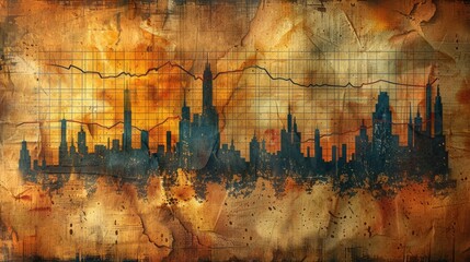 Abstract urban skyline silhouette set against a textured, fiery background, capturing the essence of a modern city in artistic form.