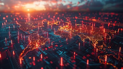Abstract world map with glowing digital connections and sunset background, representing global network and technological advancements.
