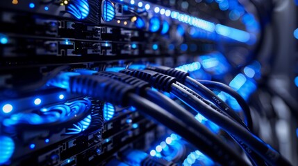 A close-up of internet LAN cables connecting multiple servers with blue lights.