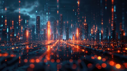 Futuristic city skyline with glowing neon lights and digital code structures, representing technology and innovation at night.