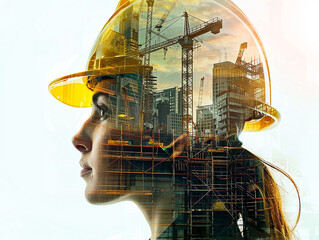 young woman in a yellow construction helmet against the background of construction workshop