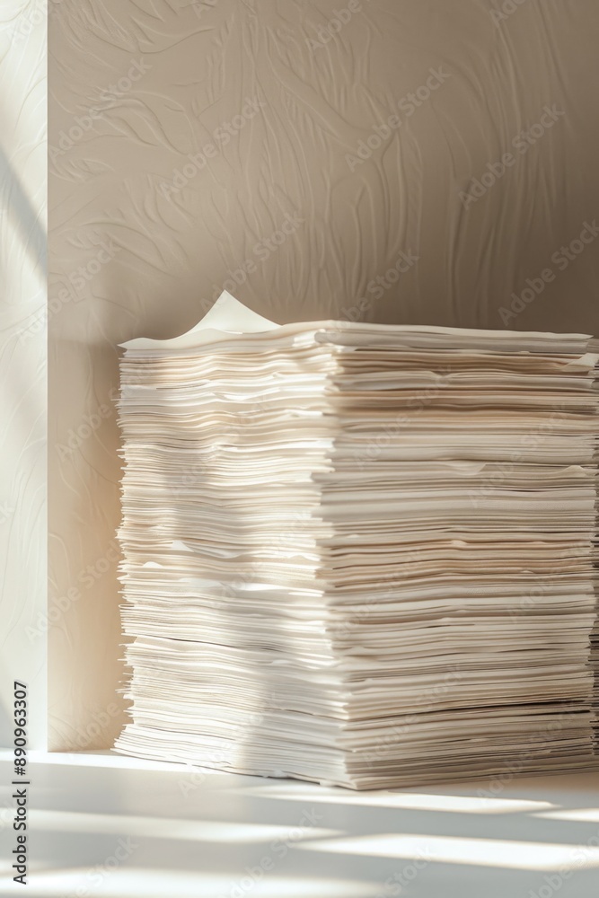 Poster a stack of papers sitting on top of a table, possibly awaiting attention or organization